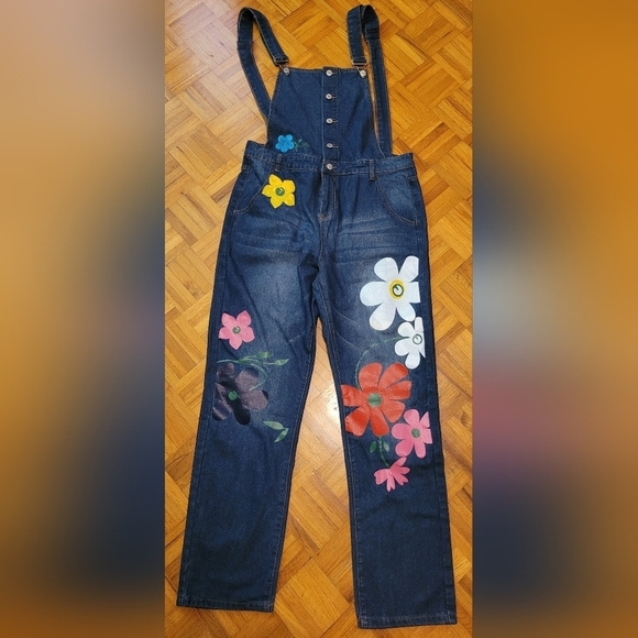 MISSLOOK Denim - NWOT  Misslook | Denim Overalls with Painted Colored Flowers, Size XL
